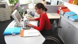 Eine Frau im Rollstuhl arbeitet am Computer im Büro (picture alliance / blickwinkel / McPHOTOs)